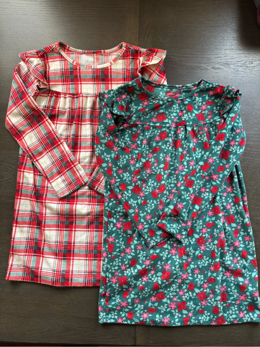 2 Cat & Jack Girl Long Sleeve Holiday Pajama Gowns Red Plaid & Green Floral Sz8